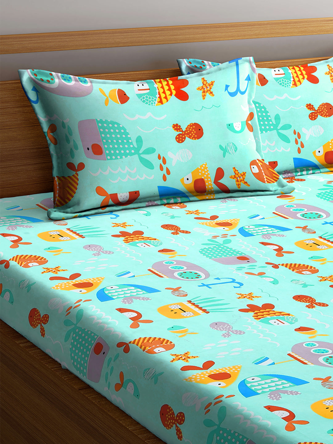 Klotthe Turquoise Kids Print Cotton Bedsheet with 2 Pillow covers