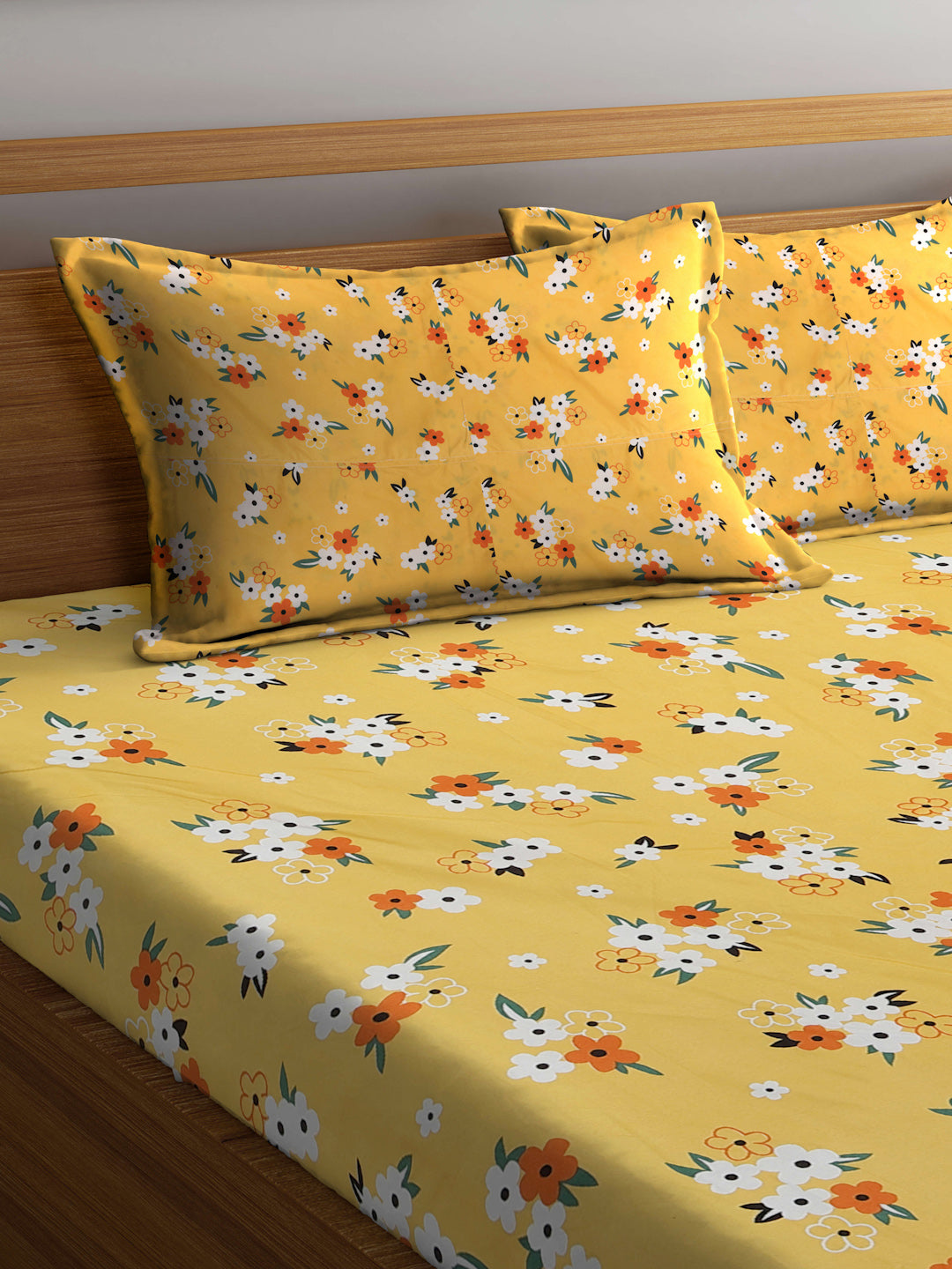 Klotthe Yellow Floral 300 TC Cotton Blend Double Bedsheet with 2 Pillow Covers