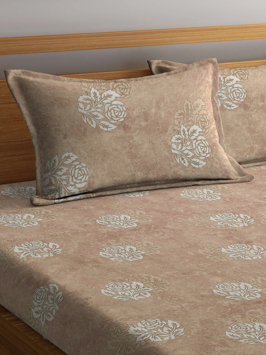 Klotthe Beige Floral 400 TC Pure Cotton Double Bedsheet with 2 Pillow Covers