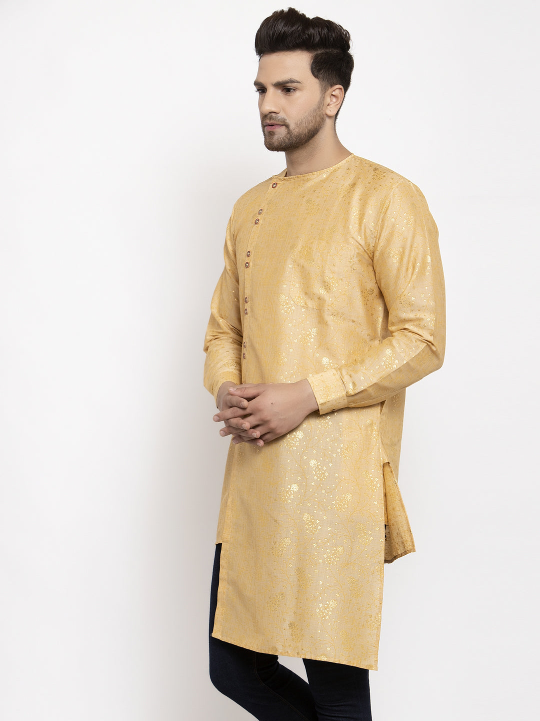 Klotthe Gold Round Neck Embellished Cotton Silk Kurta