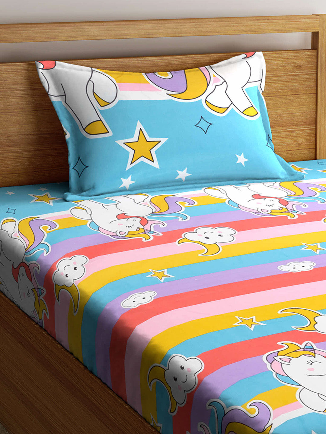 Klotthe Multi Cartoon Characters Cotton Blend Single Bedsheet with Pillow cover