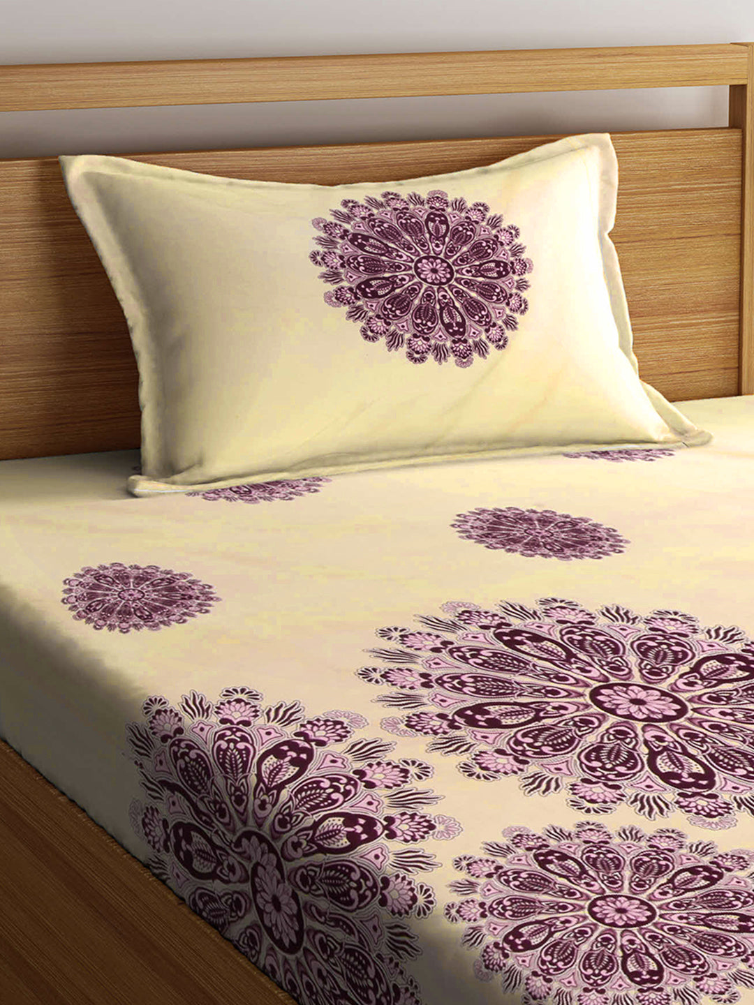 Klotthe Cream Abstract 210 TC Cotton Blend Single Bed Sheet with Pillow Cover