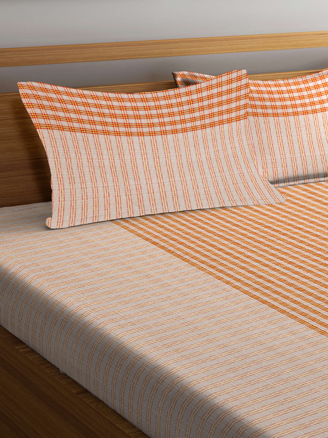 Klotthe Multi Striped Pure Cotton Woven Design Double Bed Sheet with 2 Pillow Covers