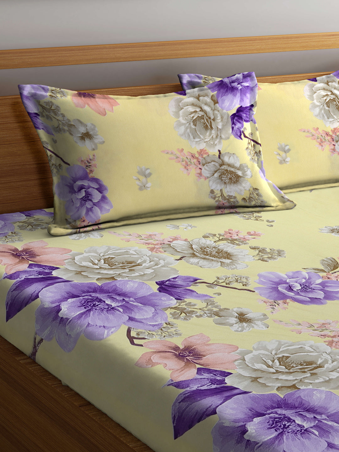 Klotthe Yellow Floral 300 TC Cotton Blend Fitted Double Bedsheet with 2 Pillow Covers in Book Fold Packing