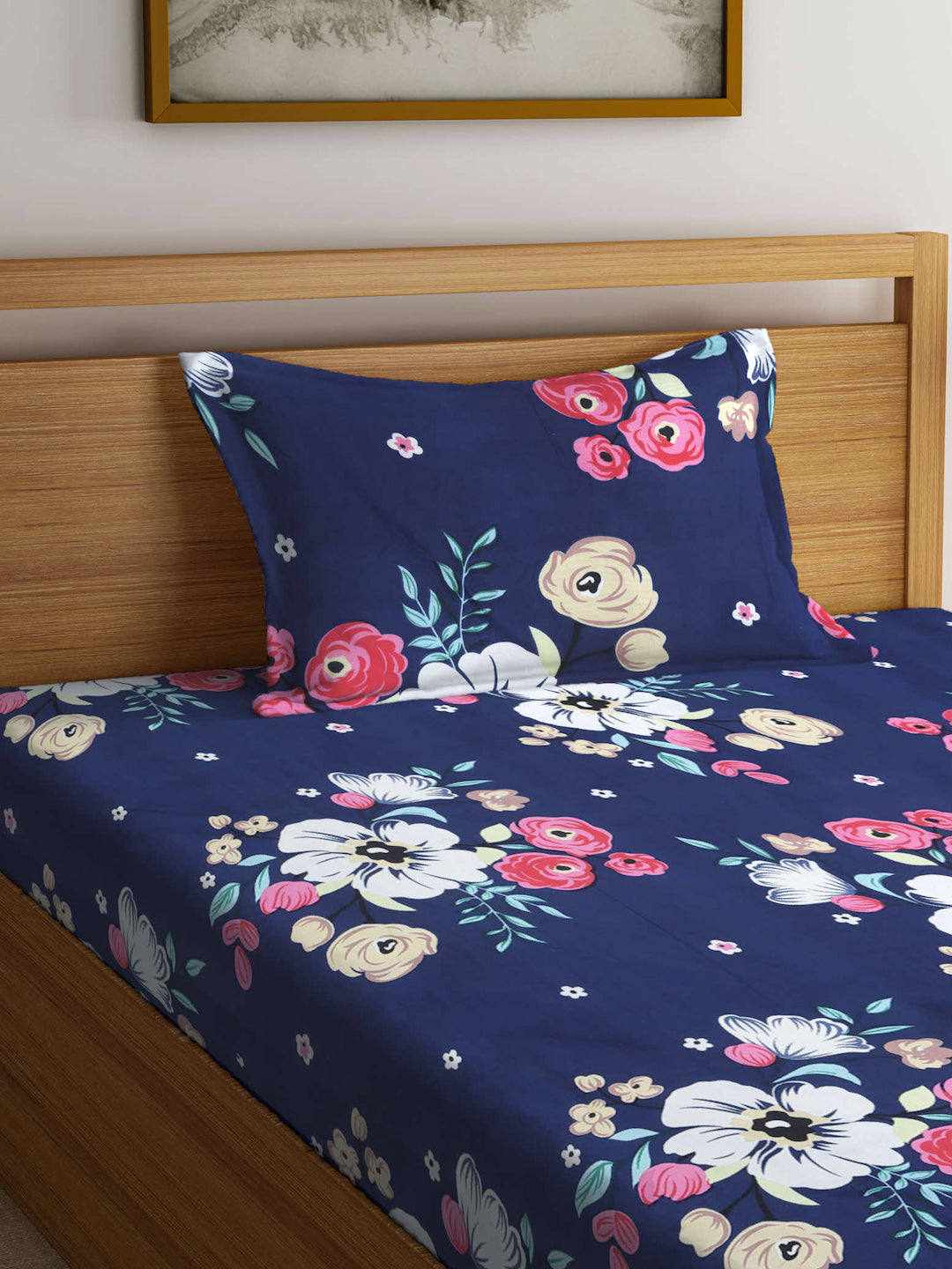 Klotthe Multi Floral 300 TC Cotton Blend Single Bedsheet with Pillow Cover