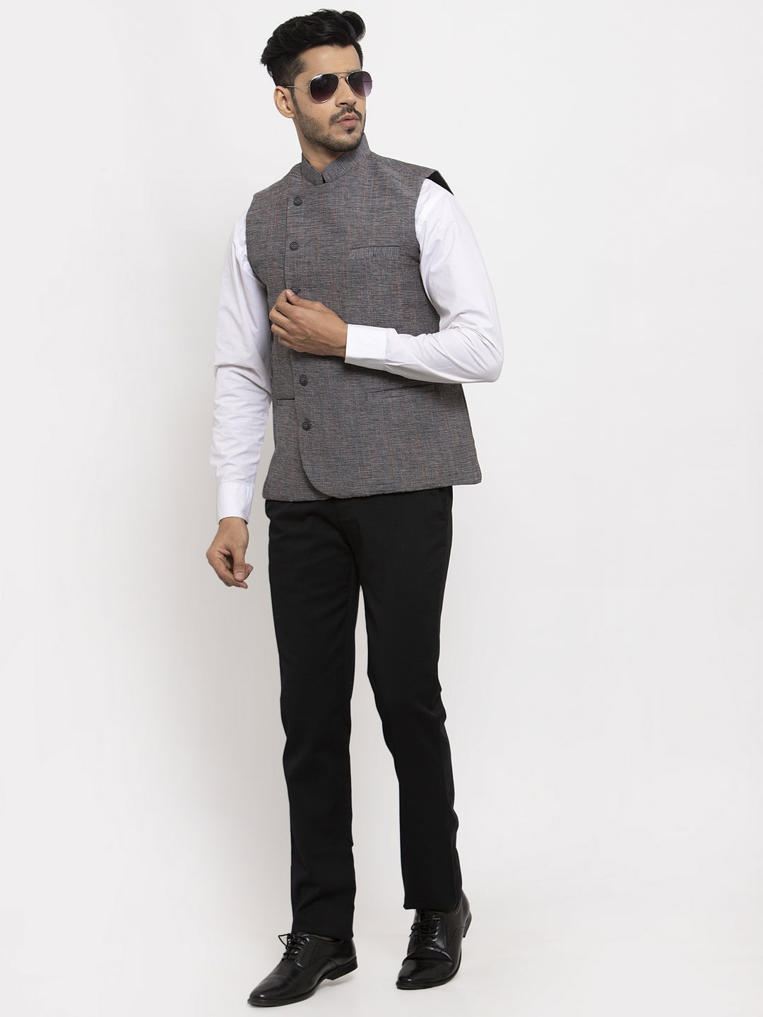 Klotthe Grey Woven Design Pure Cotton Nehru Jacket