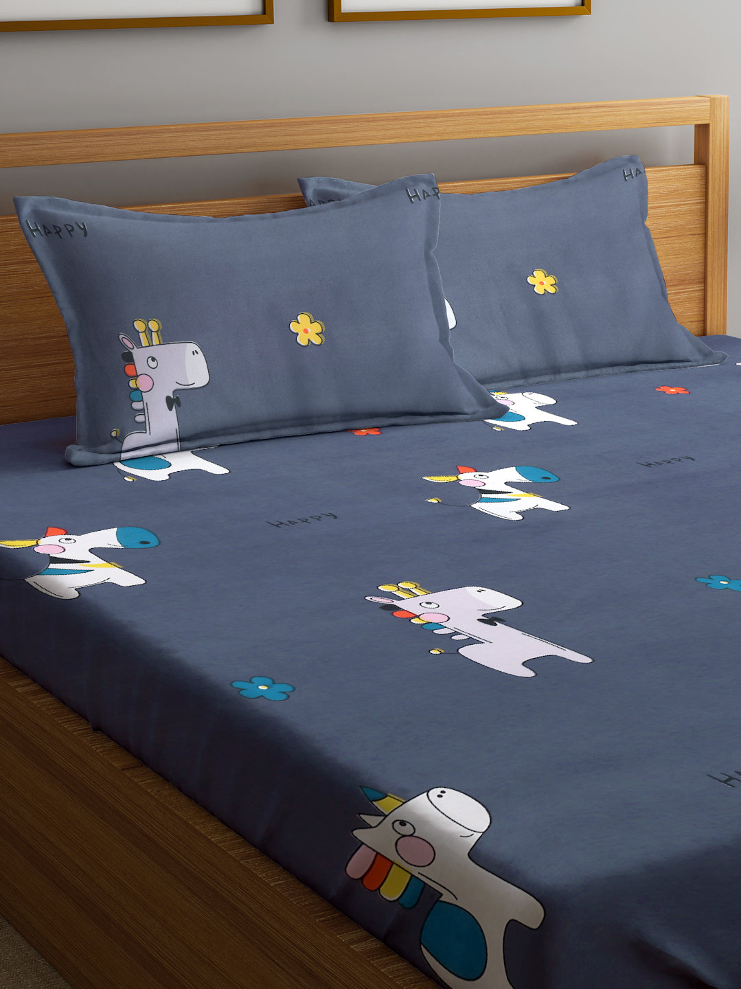 Klotthe Multi Cartoon Print 300 TC Cotton Blend Double Bed Sheet with 2 Pillow Covers in Book Fold Packing