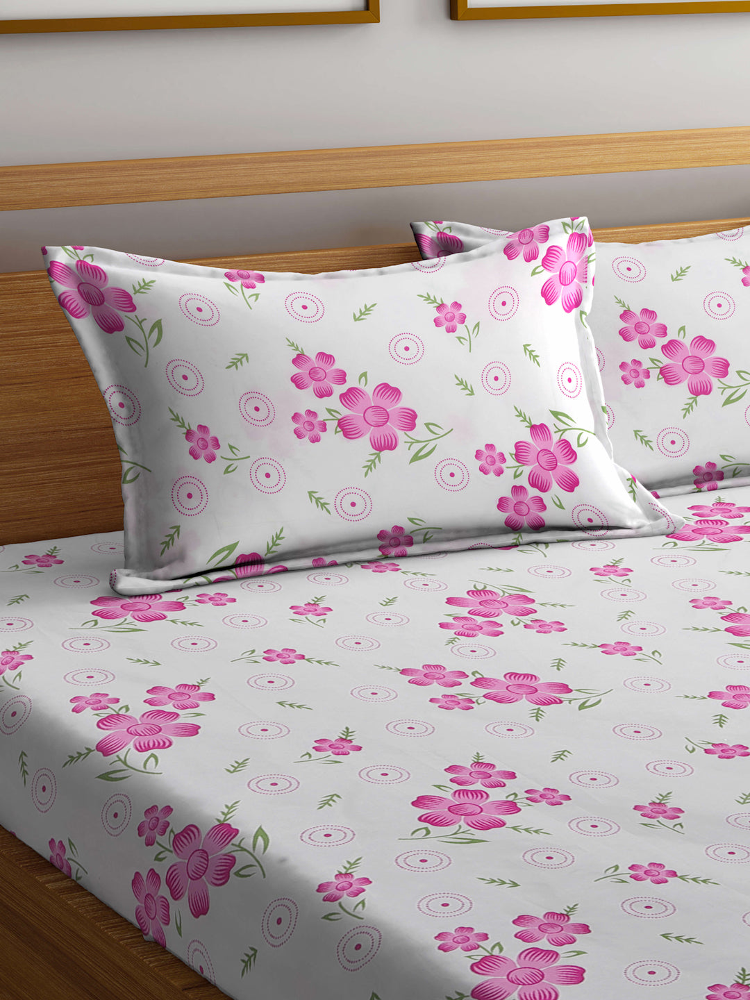 Klotthe Multicolor Floral 300 TC Cotton Blend Fitted Double Bedsheet in Book Fold Packing