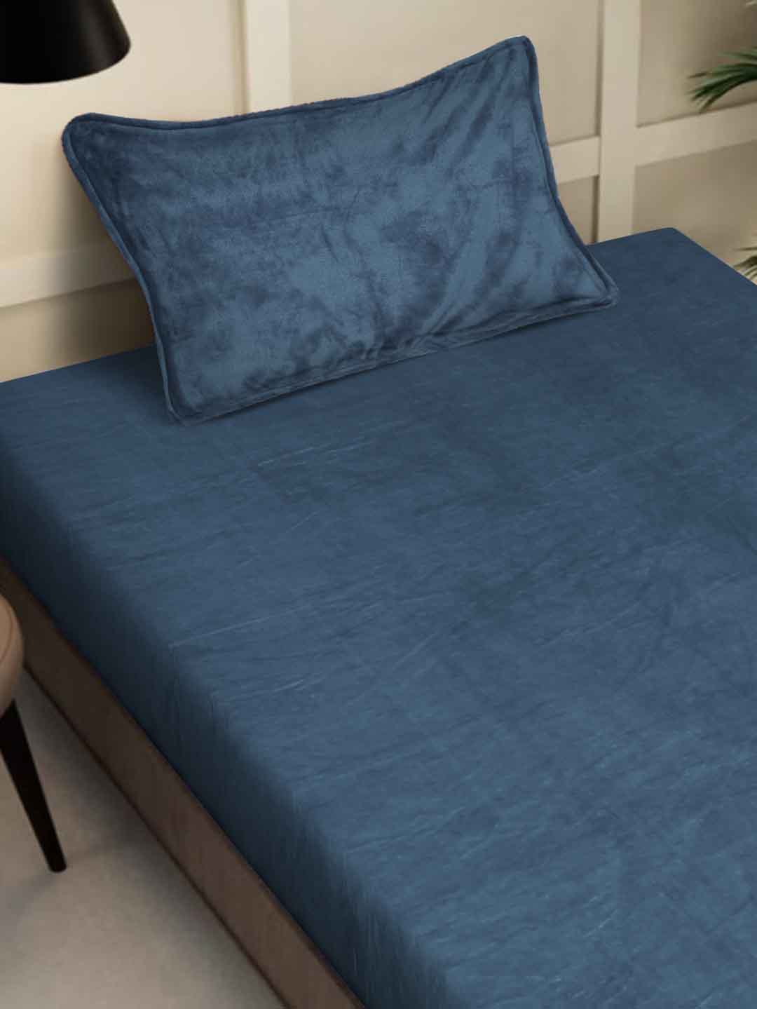 Klotthe Turquoise Solid Woolen Fitted Single Bed Sheet with Pillow Cover