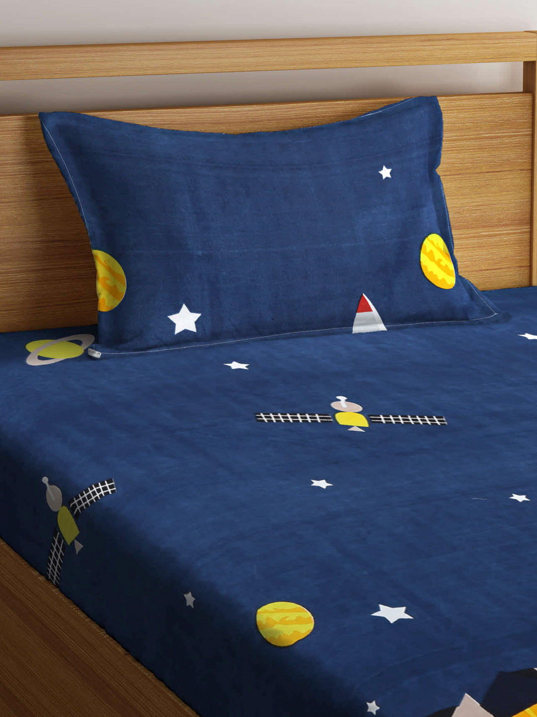 Klotthe Blue Kids Print Cotton Blend Single Bedsheet with Pillow cover