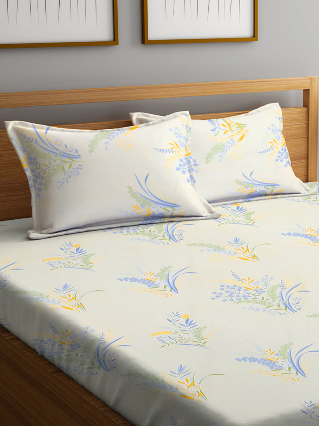 Klotthe Multi Floral 300 TC Cotton Blend Fitted Double Bedsheet with 2 Pillow Covers in Book Fold Packing