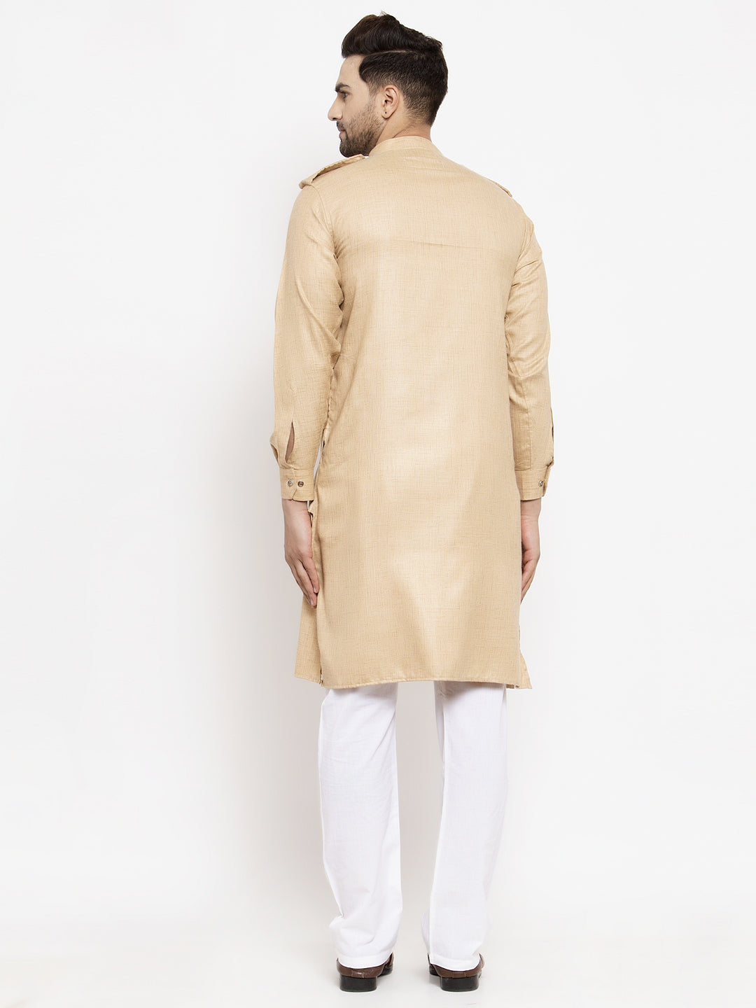 Klotthe Beige Mandarin Collar Solid Cotton Kurta