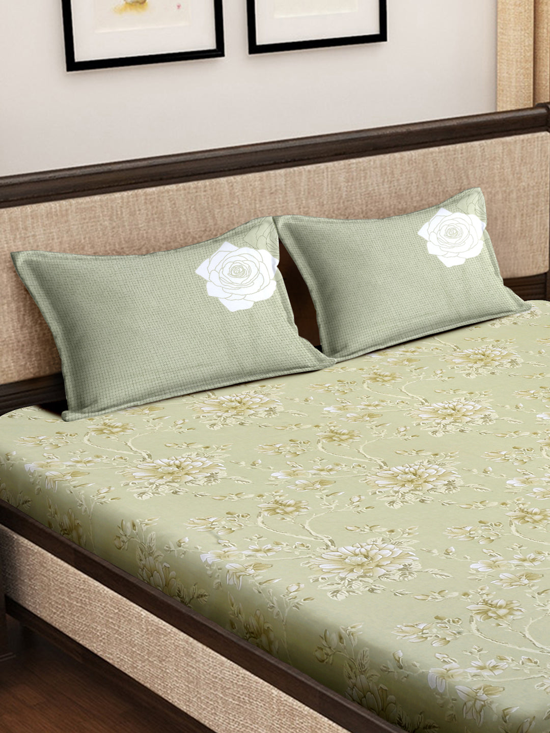 Klotthe Green Floral 400 TC Pure Cotton Fitted Super King Double Bedsheet Set in Book Fold Packing (270X270 cm)