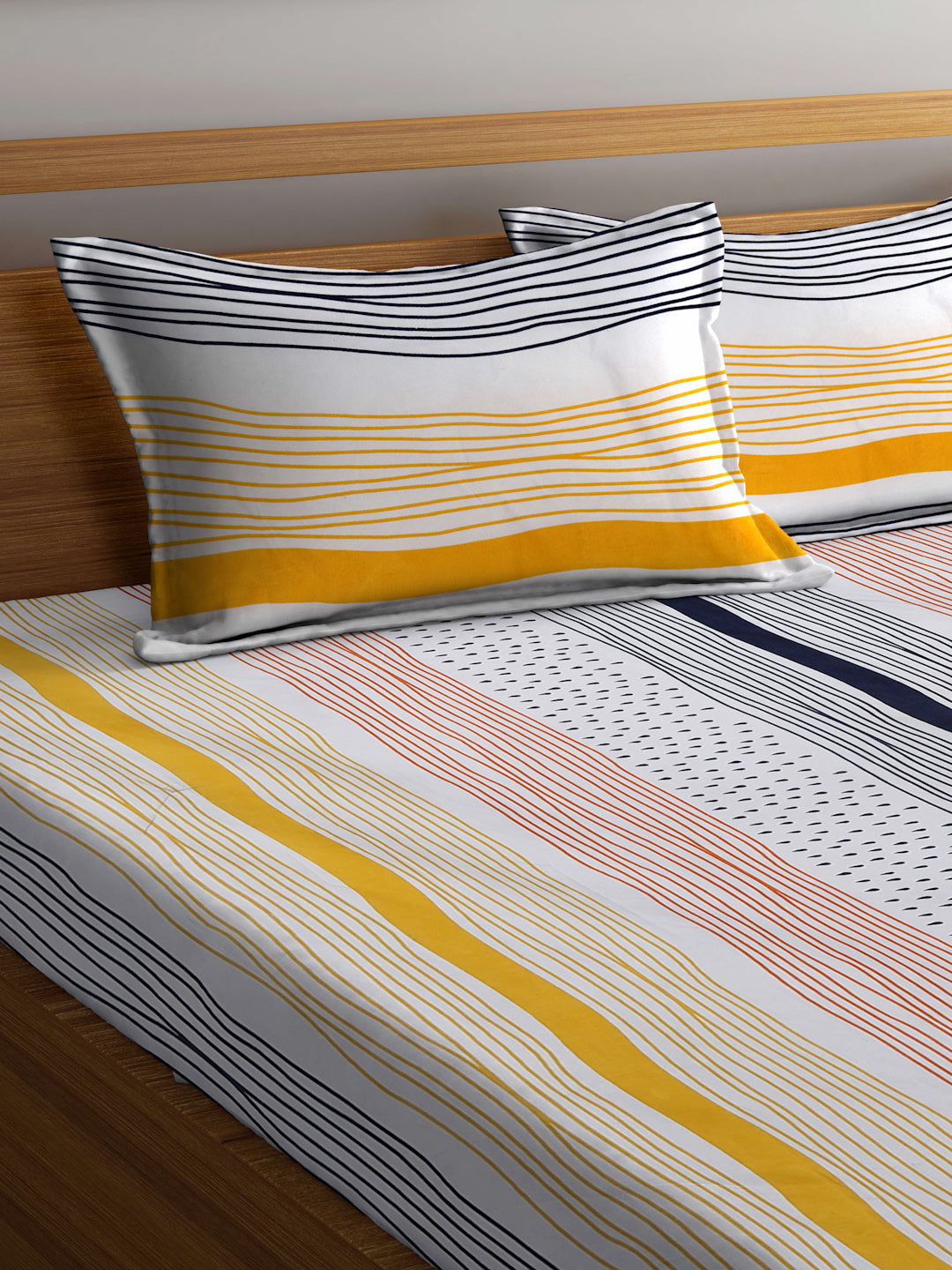 Klotthe Multi Striped 300 TC Cotton Blend Elasticated Super King Double Bedsheet with 2 Pillow Covers (270X270 cm)