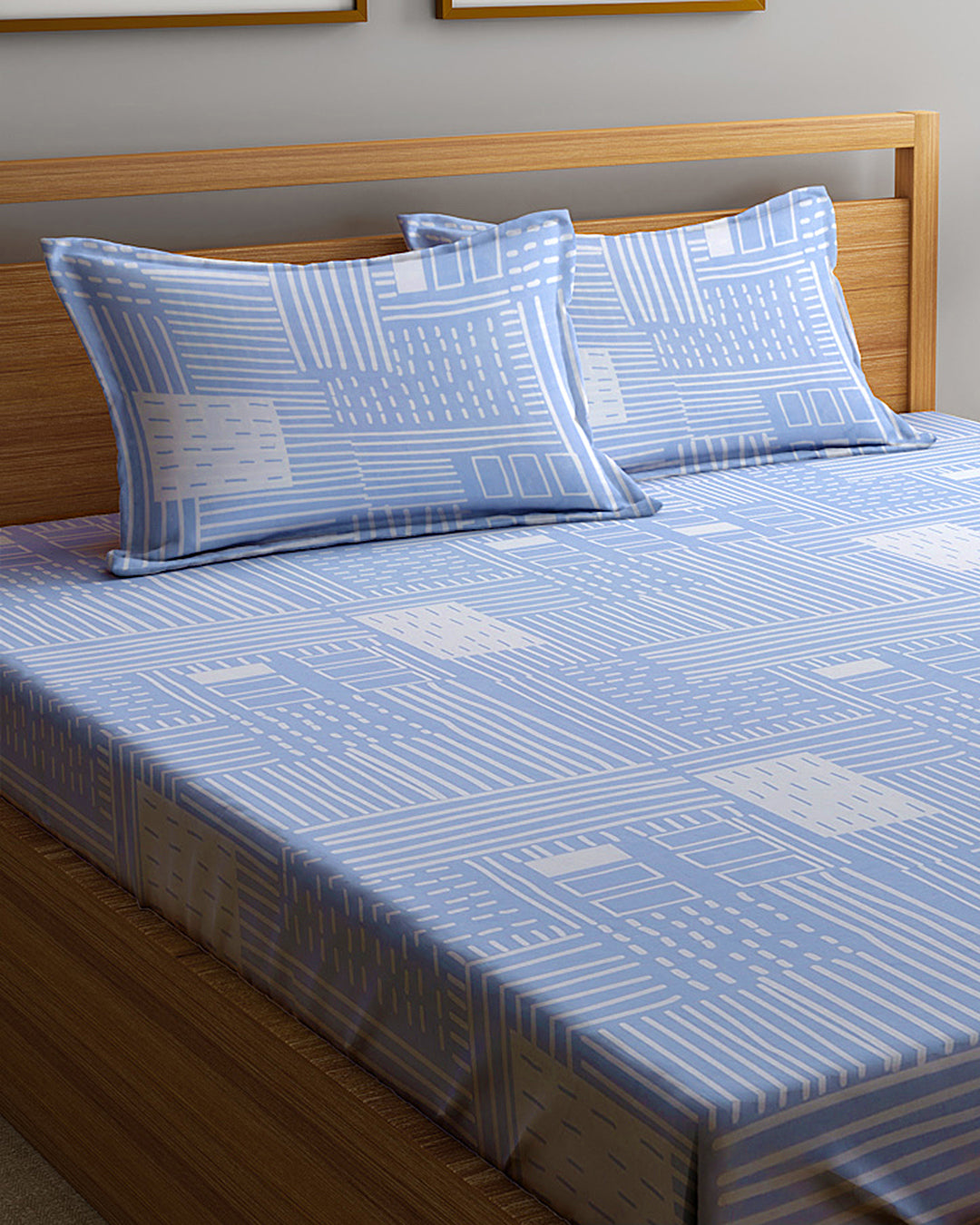 Klotthe Skyblue Geometric 300 TC Cotton Blend Fitted Double Bedsheet with 2 Pillow covers