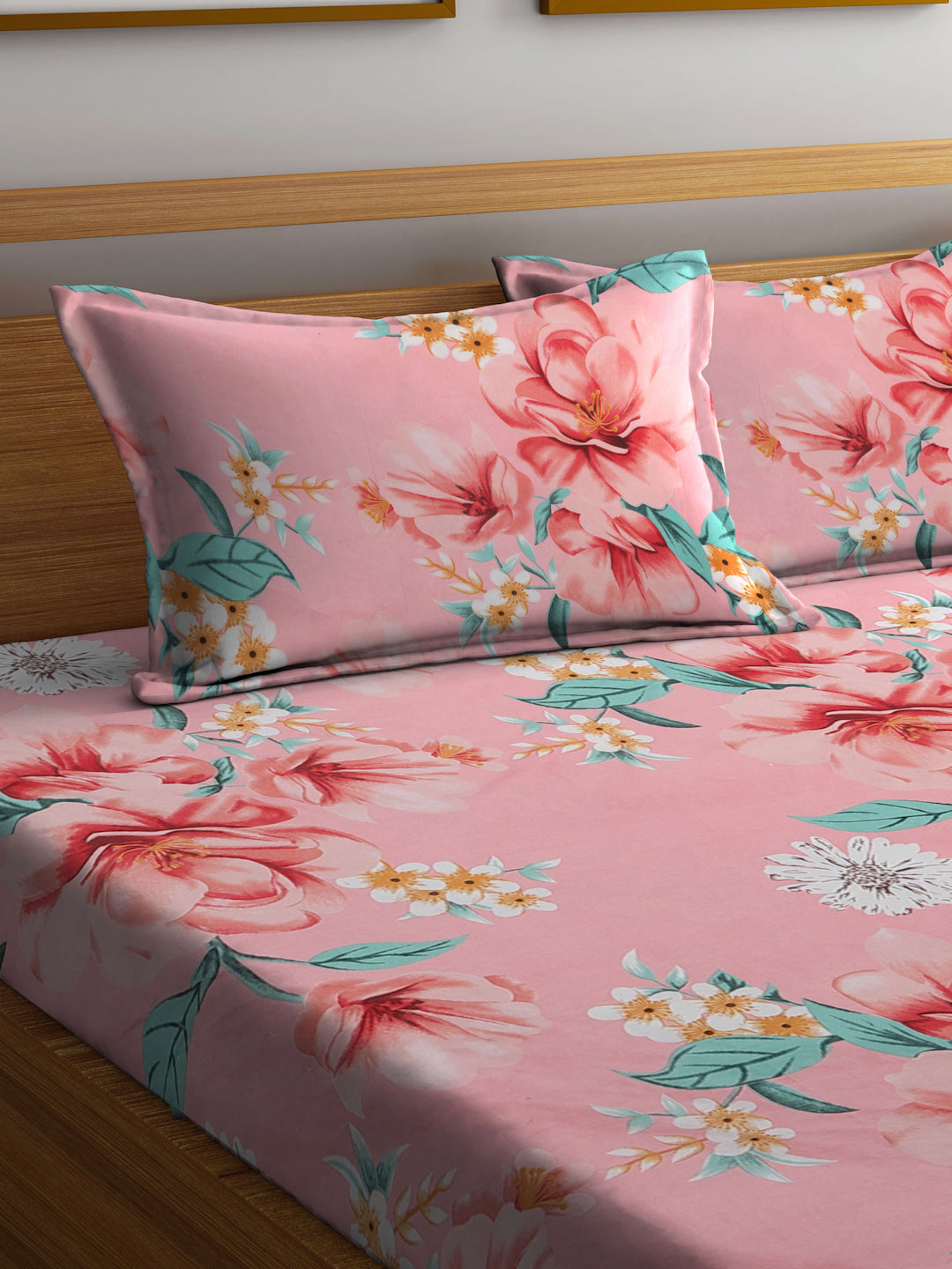 Klotthe Multicolor Floral 300 TC Cotton Blend Fitted Double Bedsheet with 2 Pillow Covers