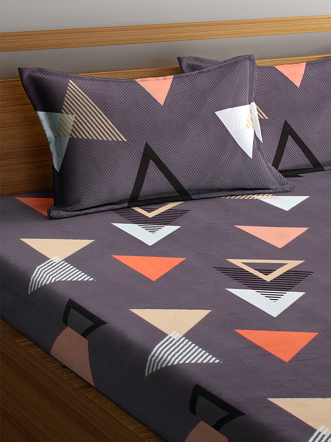 Klotthe Purple Geometric 300 TC Cotton Blend Double Bed Sheet with 2 Pillow Covers in Book Fold Packing