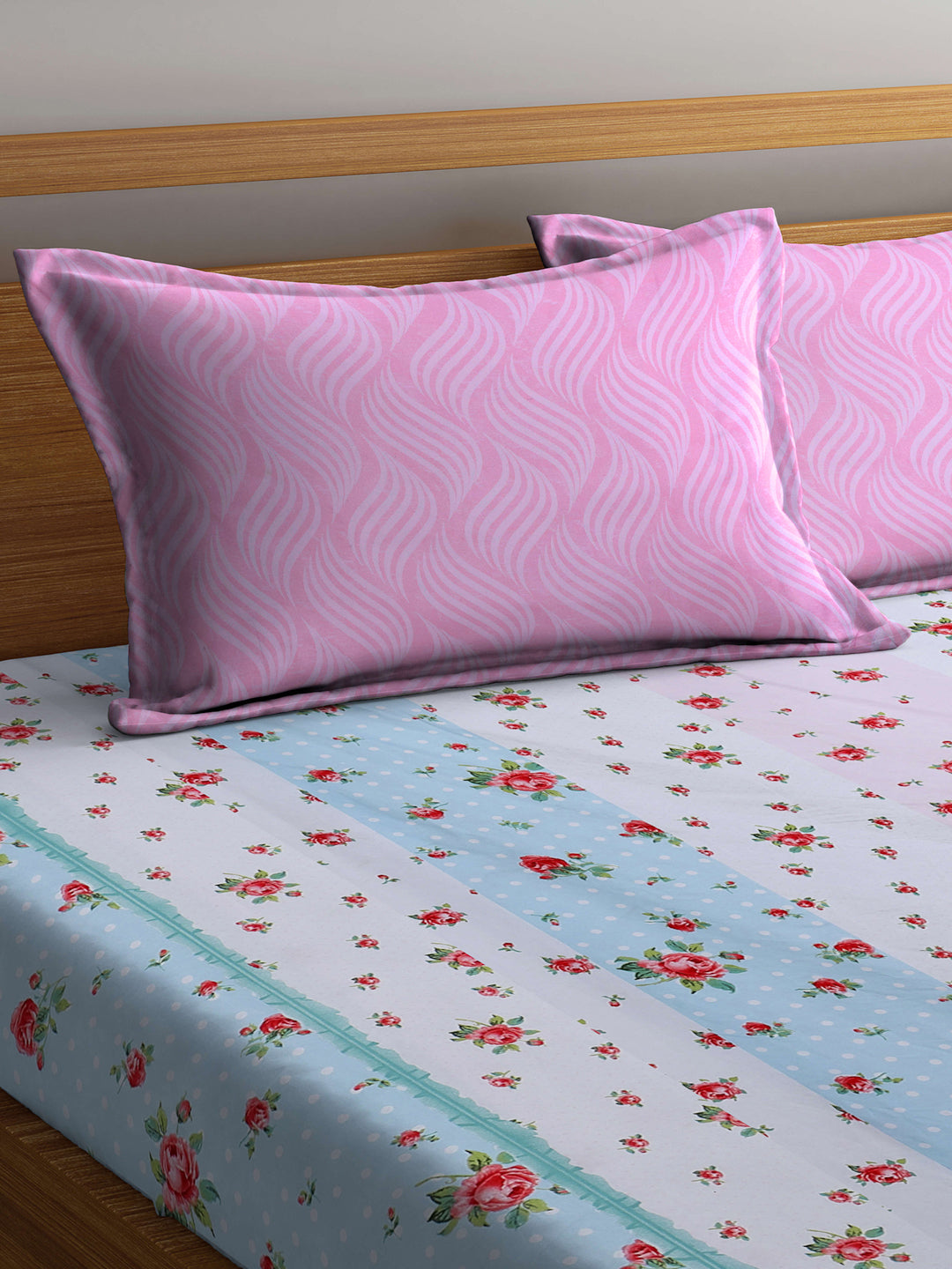 Klotthe Multicolor Floral 300 TC Cotton Blend Fitted Double Bedsheet with 2 Pillow Covers