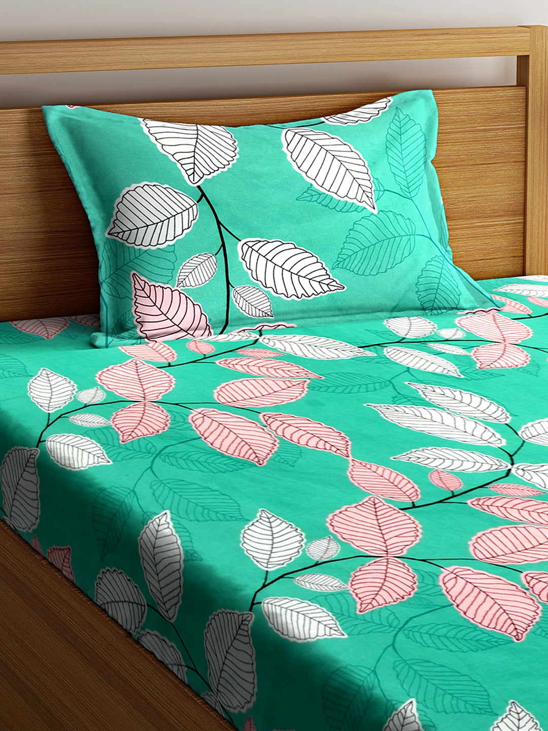 Klotthe Green Floral 210 TC Cotton 1 Single Bedsheet with 1 Pillow Cover