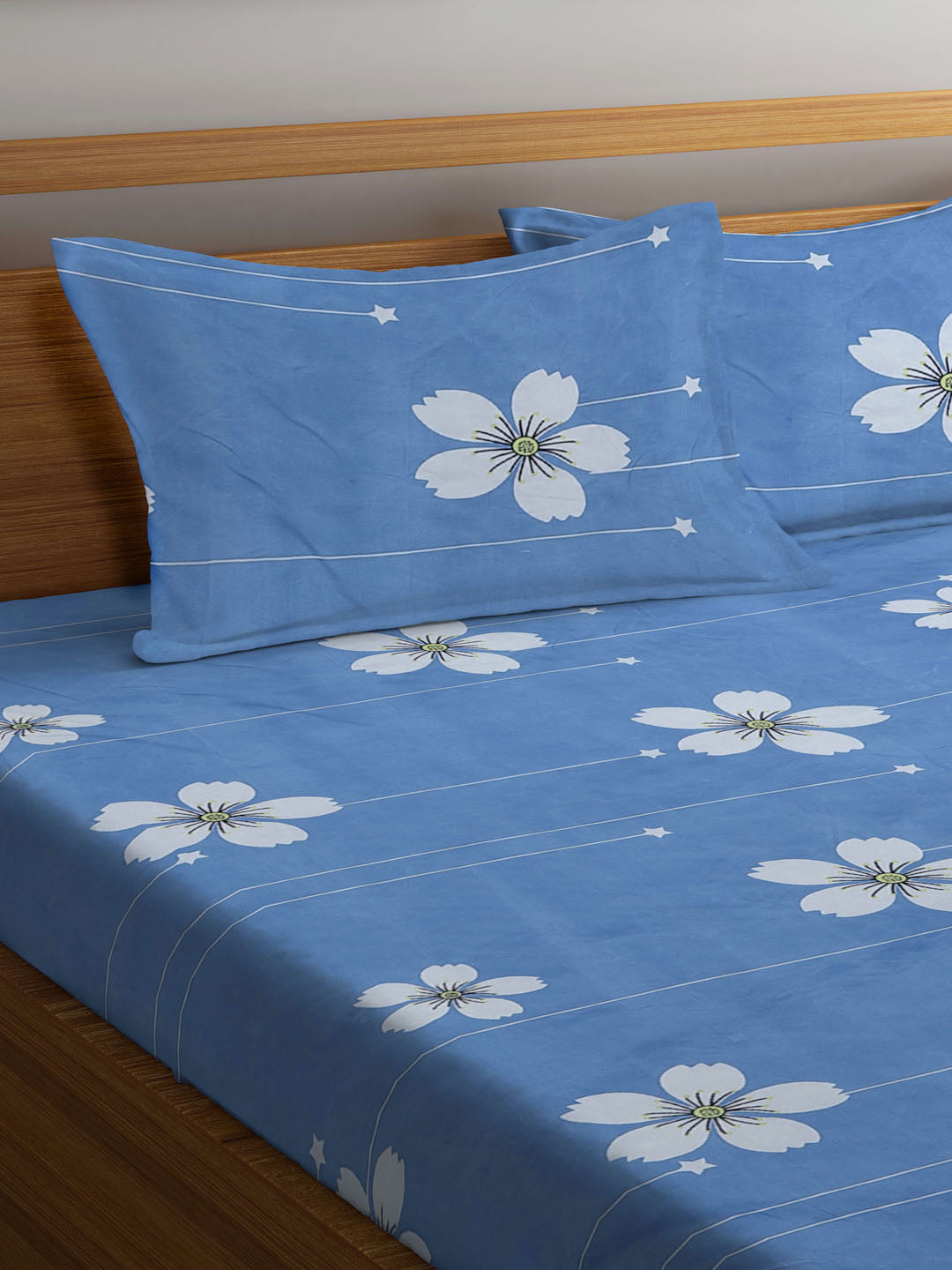 Klotthe Blue Floral 300 TC Cotton Blend Elasticated Double Bedsheet with 2 Pillow Covers