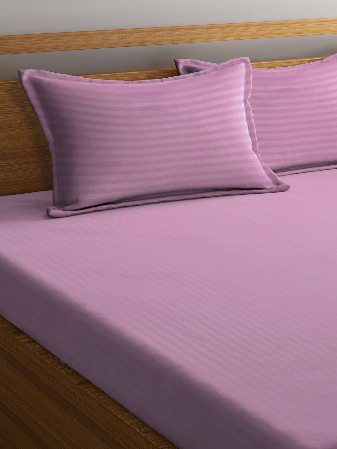 Klotthe Dark Pink Striped 300 TC Cotton Blend Elasticated Super King Double Bedsheet with 2 Pillow Covers (270X270 cm)