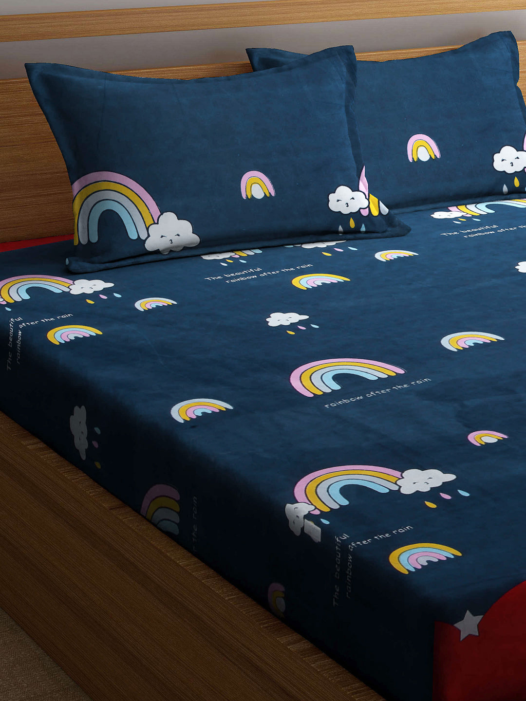 Klotthe Multicolor Cartoon Print Cotton Blend Elasticated Double BedSheet With 2 Pillow Covers