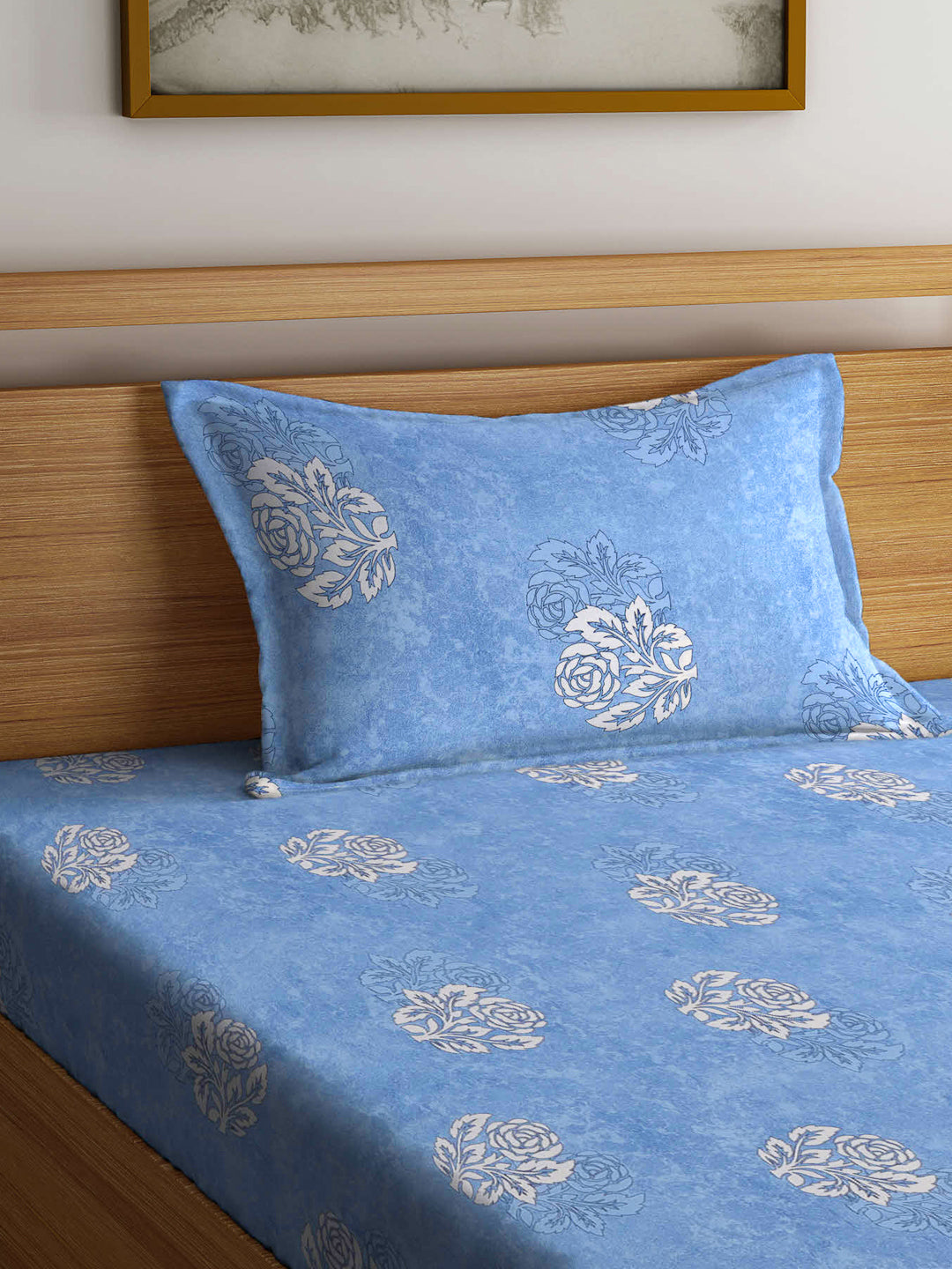 Klotthe Blue Floral 400 TC Pure Cotton Fitted Single Bedsheet Set in Book Fold Packing