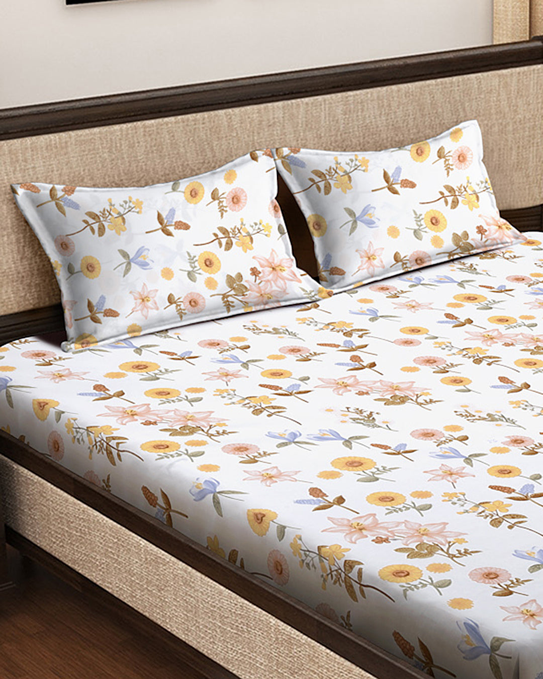 Klotthe Multicolor Floral 300 TC Cotton Blend Fitted Double Bedsheet with 2 Pillow covers