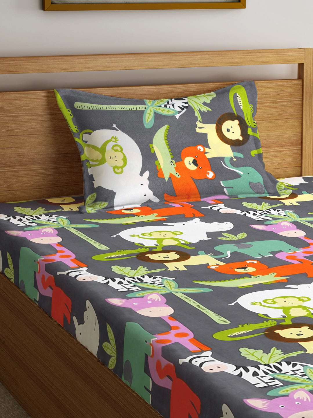 Klotthe Multicolor Cartoon Characters 300 TC Cotton Blend Single Bedsheet with Pillow Cover