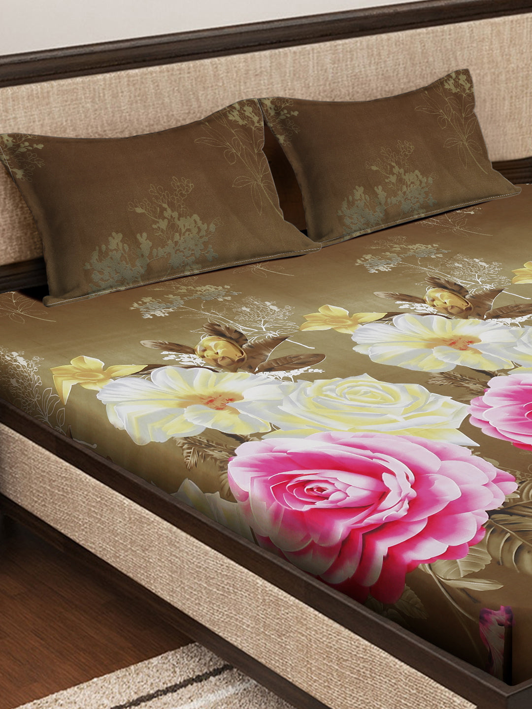 Klotthe Multicolor Floral 300 TC Cotton Blend King Size Double Bedsheet with 2 Pillow covers