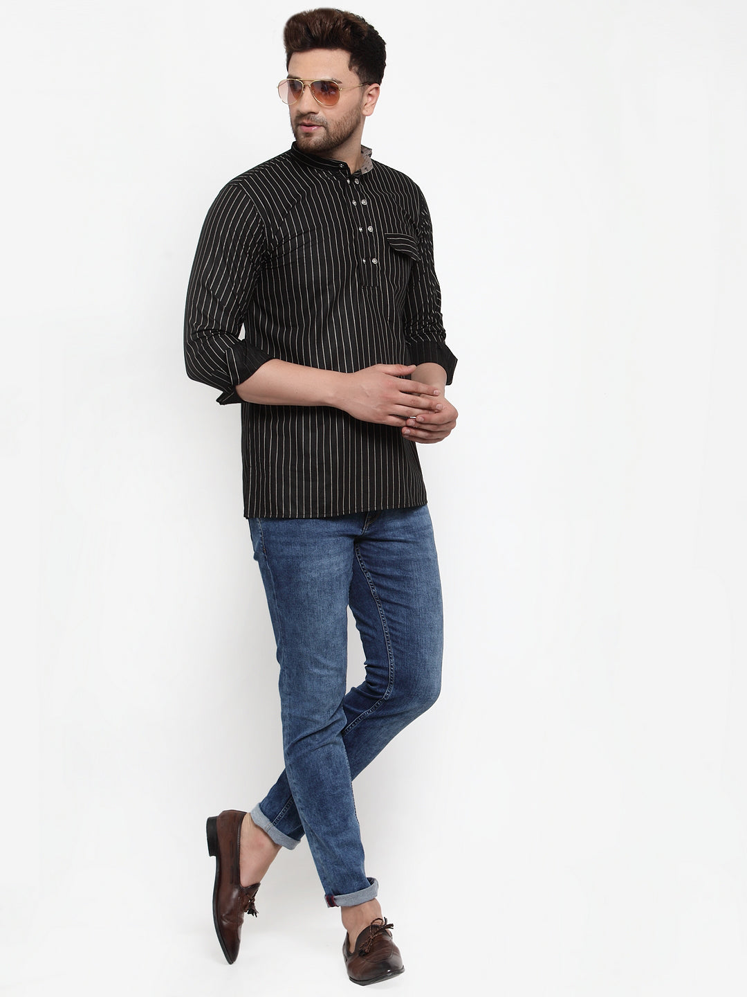 Black Cotton Silk Striped Party Kurtas