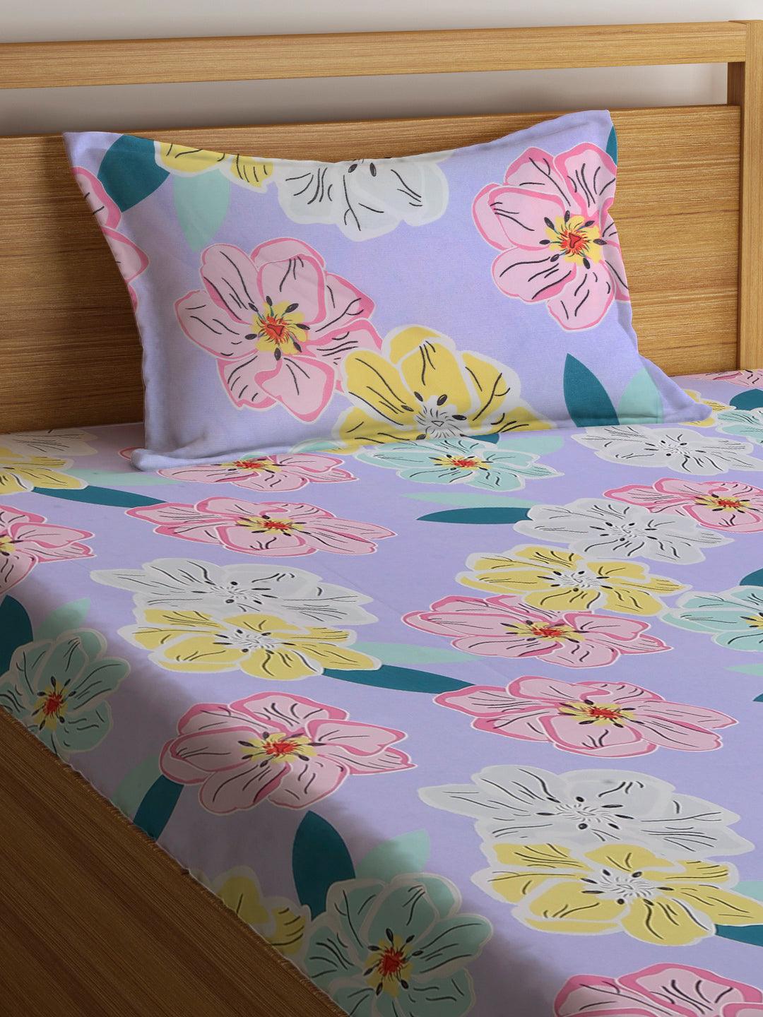 Klotthe Purple 210 TC Floral Cotton Blend Single Bed Sheet with Pillow Cover