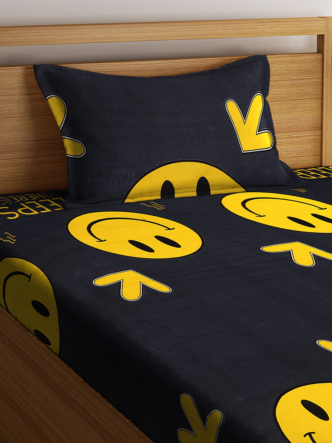 Klotthe Black Cartoon Characters Cotton Blend Single Bedsheet with Pillow cover