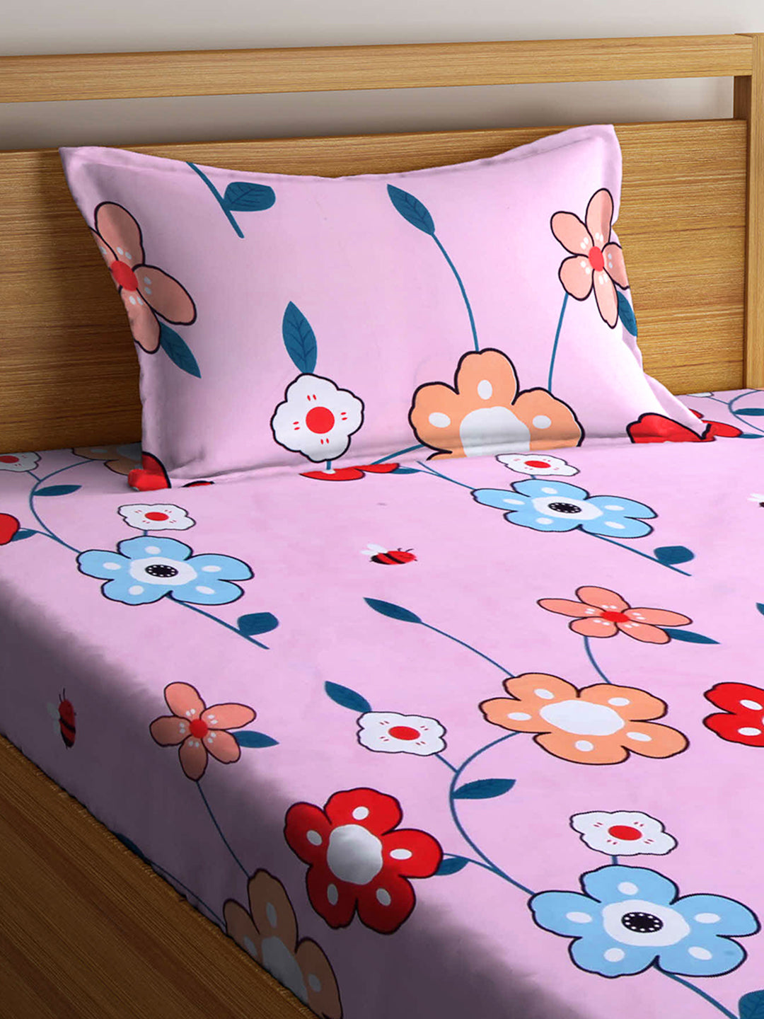 Klotthe Pink Floral 210 TC Cotton Blend Single Bed Sheet with Pillow Cover