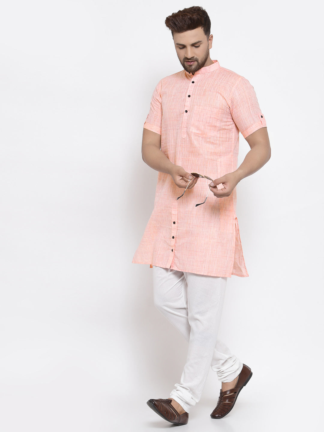 KLOTTHE Peach Cotton Woven Design Kurta