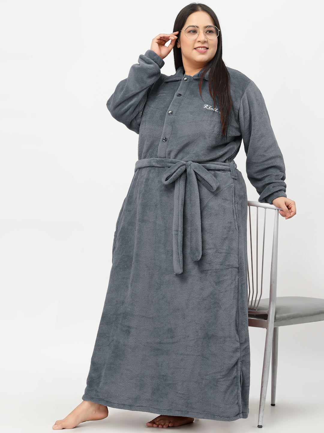 Klotthe Women Grey Solid Bath Robe With Belt