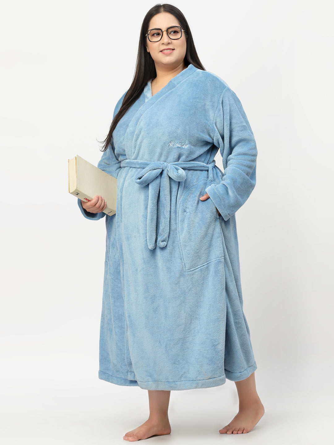 Klotthe Women Blue Solid Bath Robe With Belt