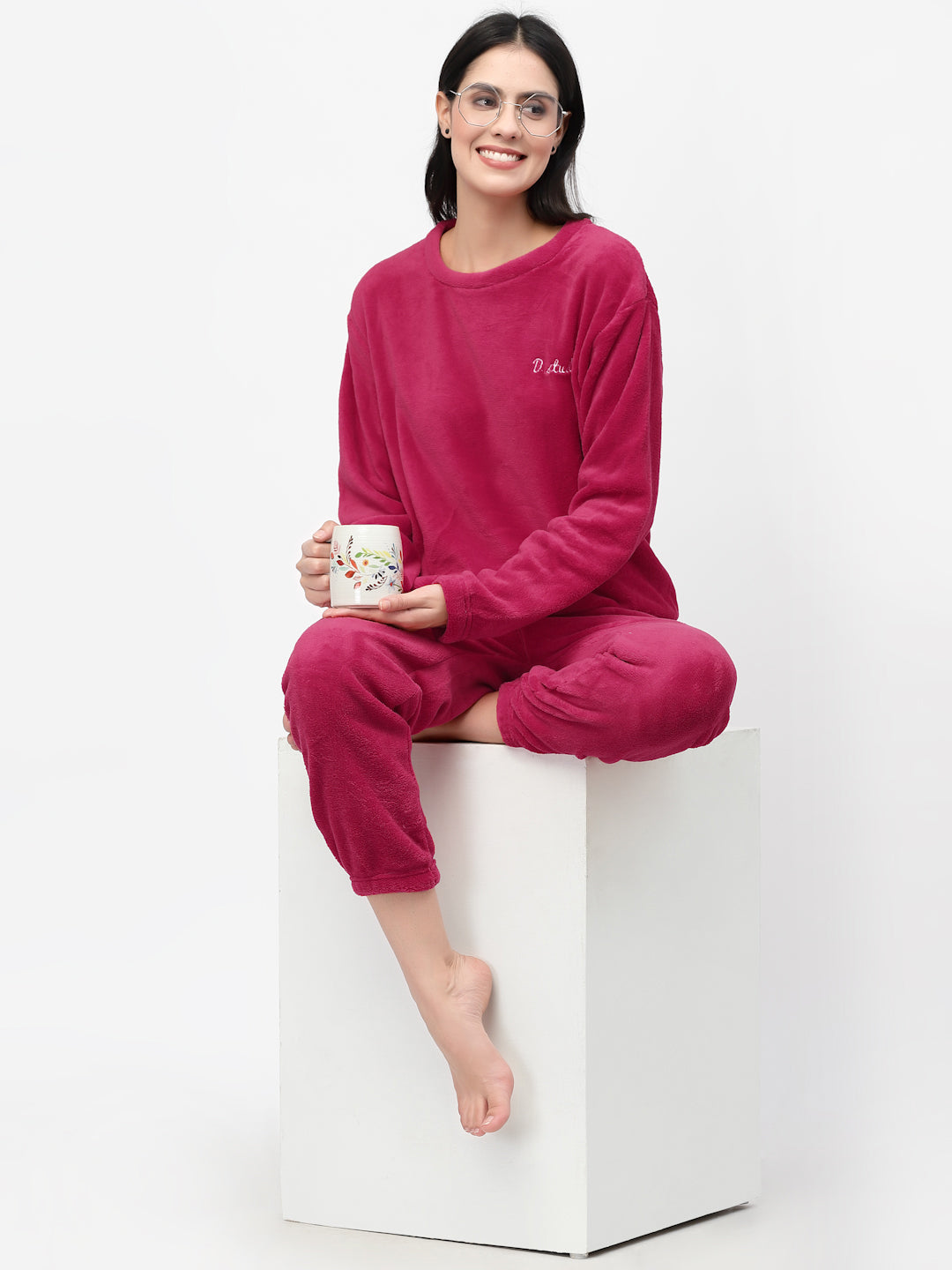 Klotthe Women Fuchsia Solid Wool Blend Night Suit