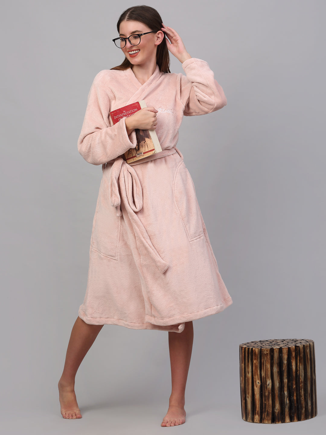 Klotthe Women Pink Solid Bath Robe With Belt