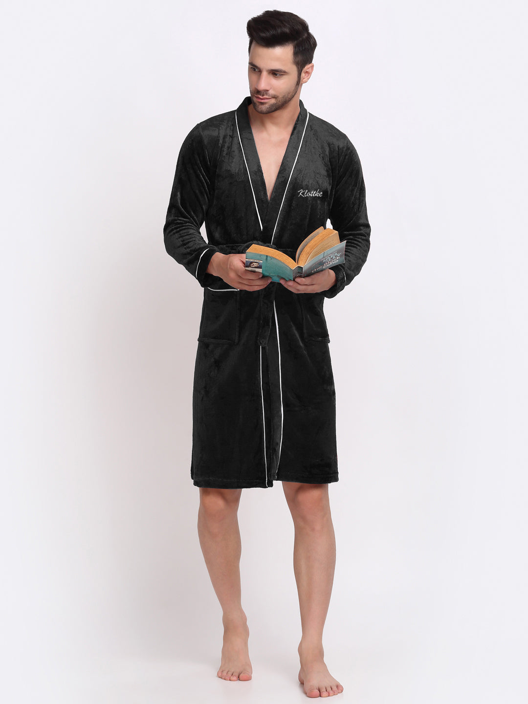 Klotthe Men Black Solid Wool Bath Robe With Belt