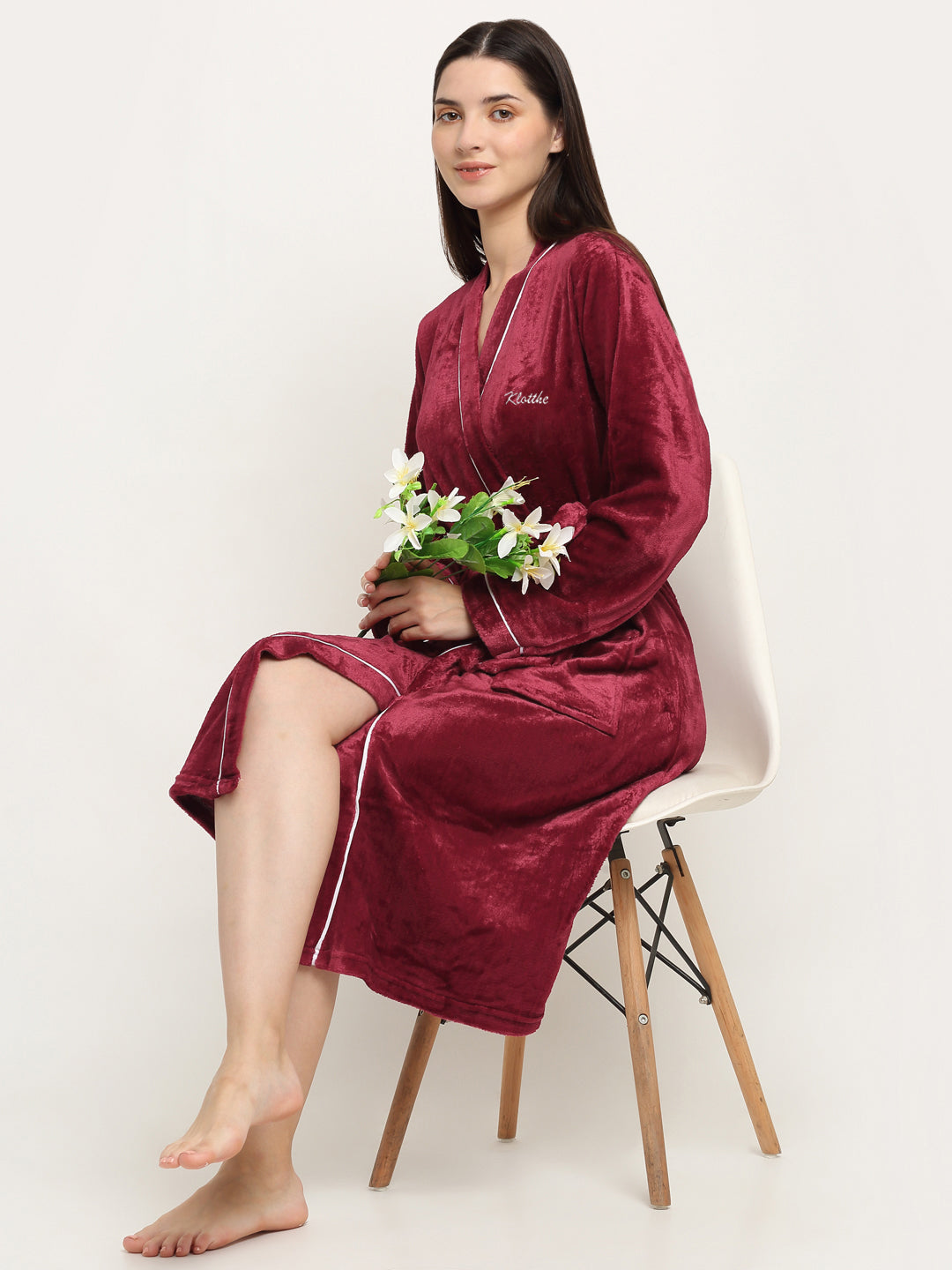 Klotthe Women Red Solid Wool Bath Robe With Belt