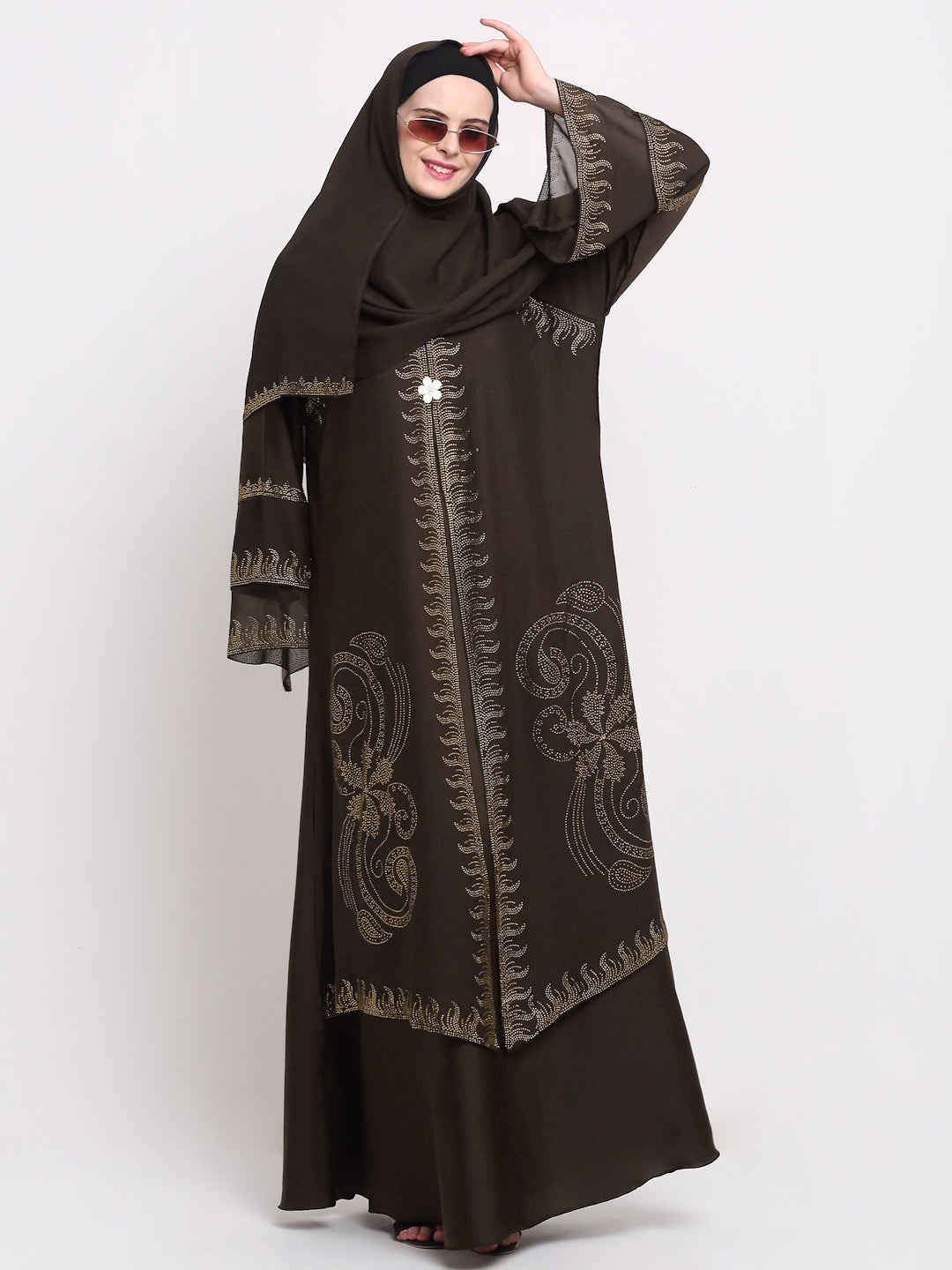 Klotthe Women Brown Embellished Burqa With Scarves