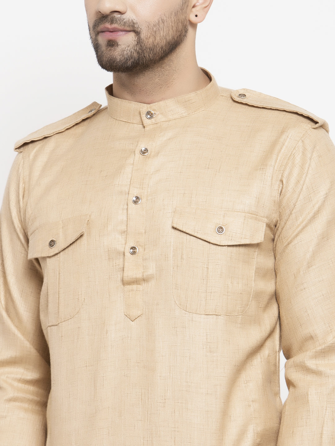 Klotthe Beige Mandarin Collar Solid Cotton Kurta