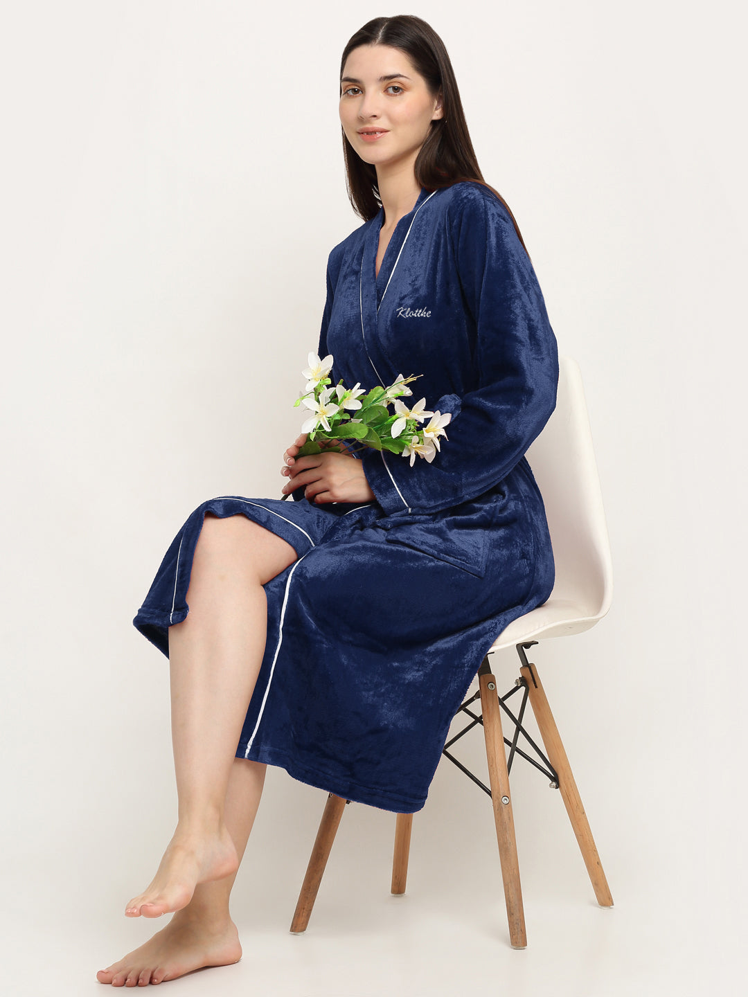 Klotthe Women Blue Solid Wool Bath Robe With Belt