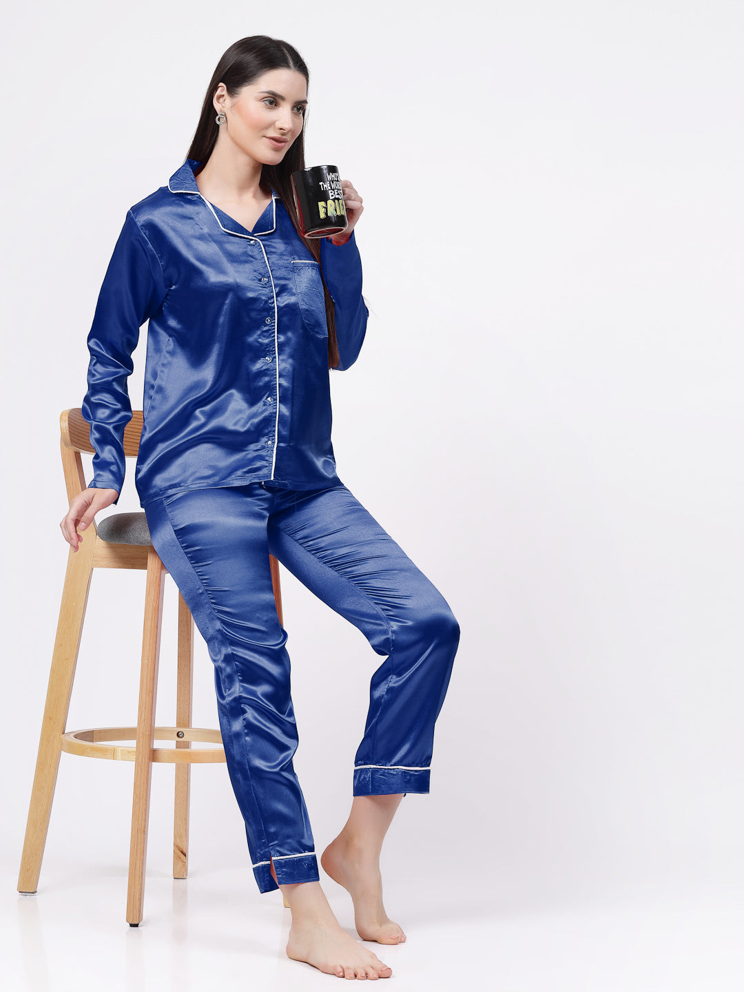 Klotthe Women Blue Solid Satin Night Suit by KLOTTHE