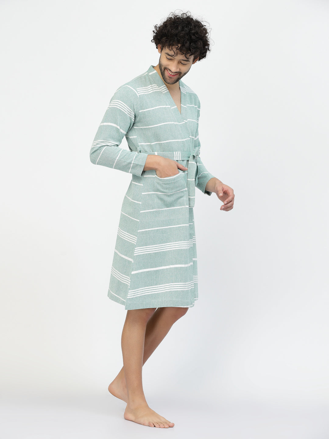 Klotthe Men Green Striped Cotton Bath Robe With Belt