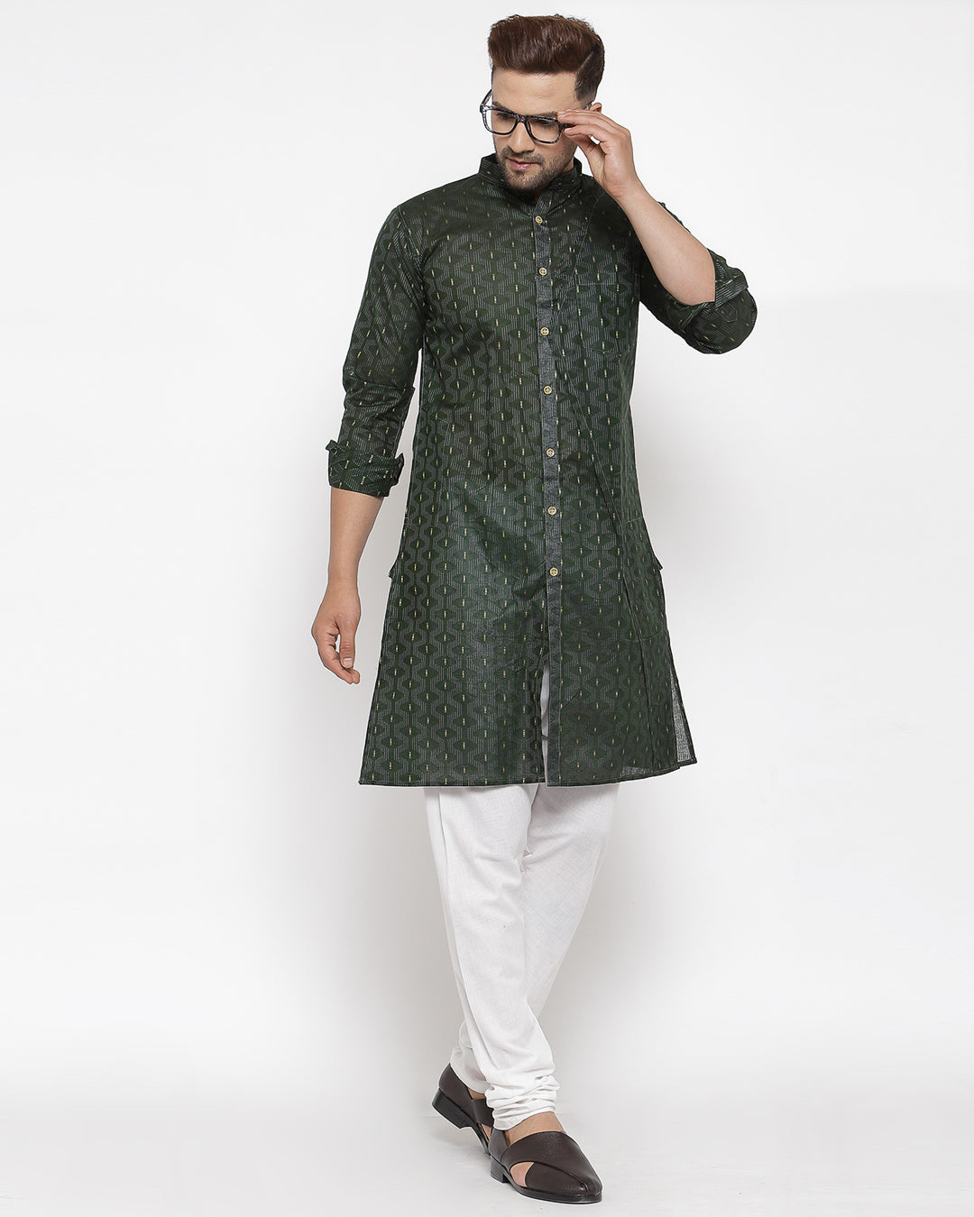 KLOTTHE Green Cotton Silk Geometric Kurta