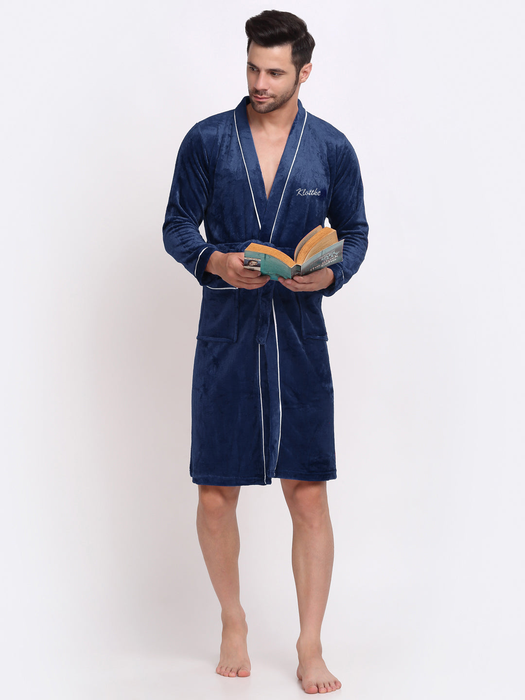 Klotthe Men Blue Solid Wool Bath Robe With Belt