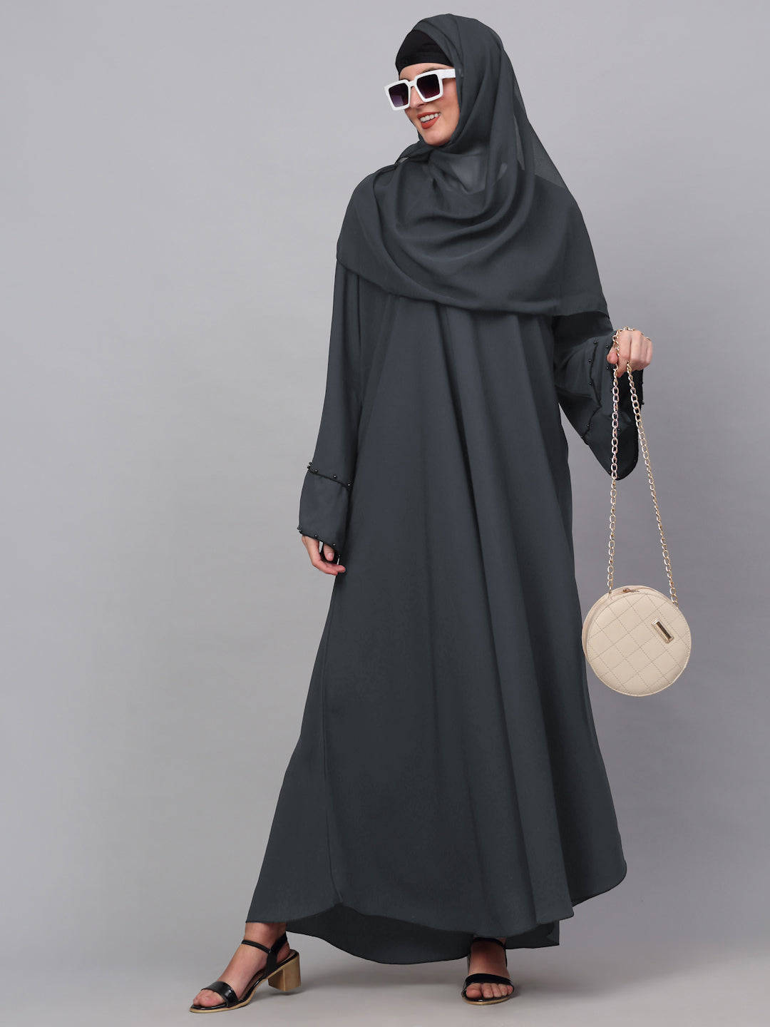 Klotthe Women Grey Embellished Burqa With Scarves