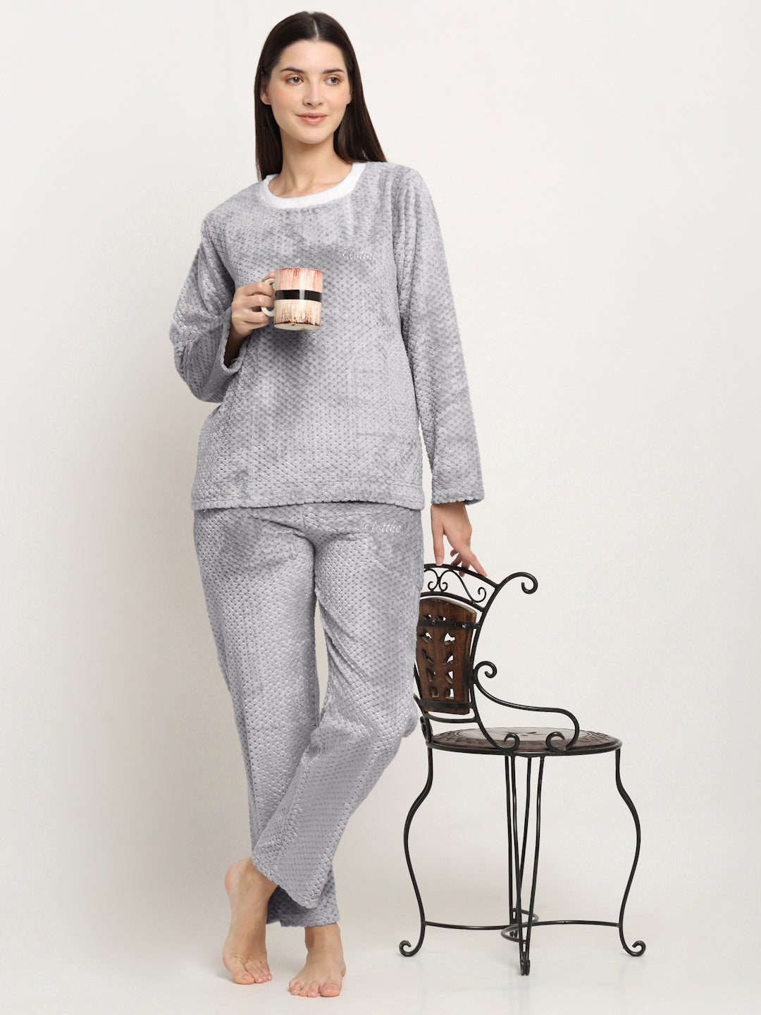 Klotthe Women Light Grey Jacquard Wool Blend Solid Night Suit